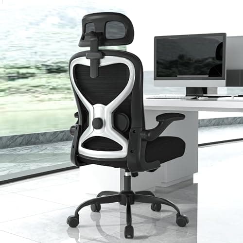 Ergonomic Office Chair, Mesh Desk Chair with Headrest, Lumbar Support, Thick Seat Cushion, Flip-up Arms, High Back Computer Task Chairs for Home Office (English, Black/Silver)