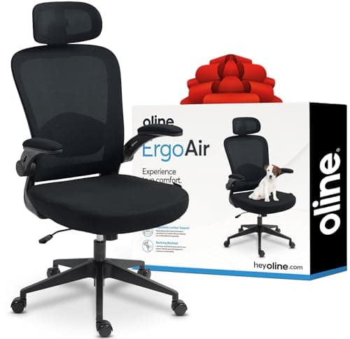 Oline ErgoAir Ergonomic Office Chair – Adjustable Lumbar Support, Flip-Up Armrests, Mesh Computer Desk Chair, Swivel Rolling Executive Gaming Chair for Home & Office (Black)