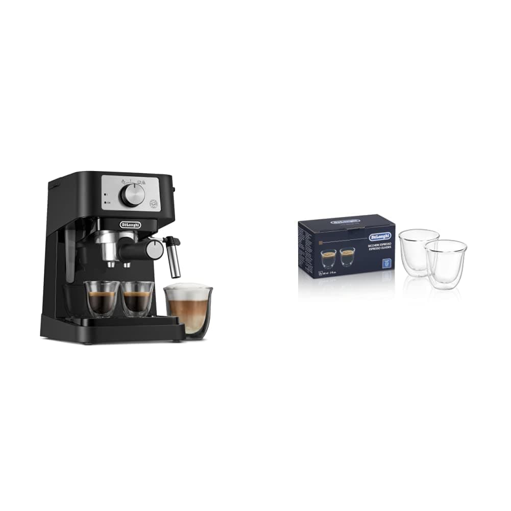 De'Longhi Manual Espresso Machine with 15 Bar Pump, Milk Frother, and 2 Thermo Espresso Glasses black