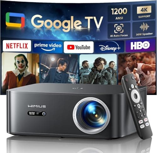 【1200 ANSI/Google TV/4K Supported 】Smart Projector with WiFi & Bluetooth, Outdoor & Home Movie Projectors with Voice Control,Auto Focus & Keystone,Compatible with Netflix Proyector WiMiUS K13 Black