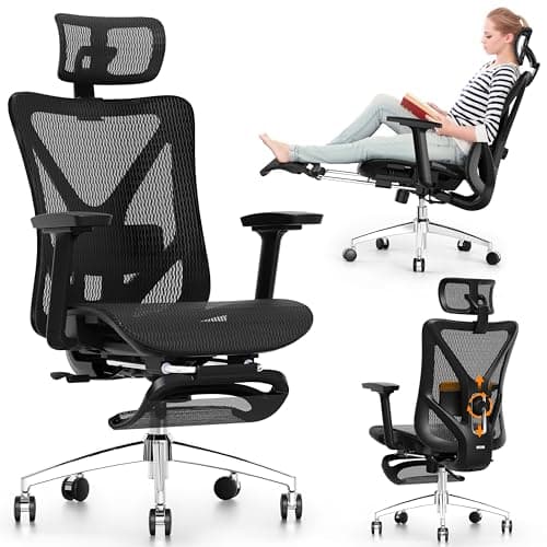 GABRYLLY Ergonomic Office Chair with Footrest, 135° Reclining Desk Chair with Adjustable Lumbar Support,3D Armrest,Headrest & Large Steel Base, 300LBS Heavy Duty Mesh Chair