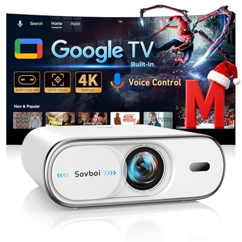 Projector-4K Built-in Google TV|2000 ANSI|Auto Lens Cap&4D Keystone|Auto Focus|Voice Control Smart Portable Projector with WiFi6 and Bluetooth, Sovboi Outdoor Projector for Steaming APPs Home Theater