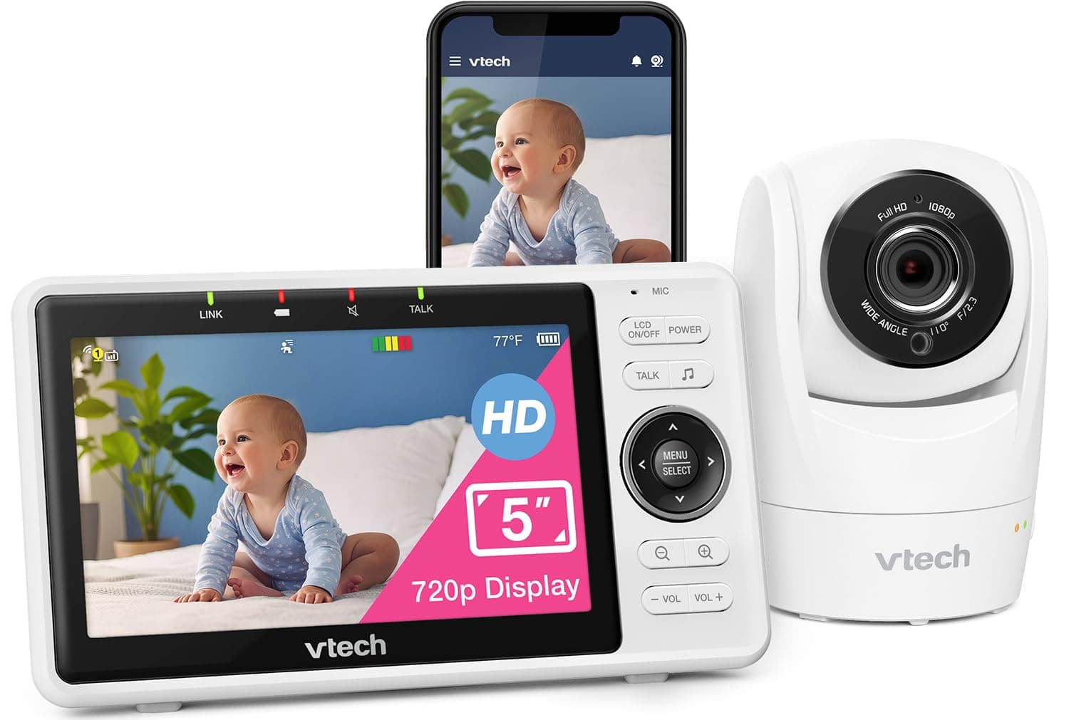 VTech VTech Upgraded Smart WiFi Baby Monitor, 1080p FHD Camera and 5" HD IPS Display, Free App with Motion Video, Sound/Motion Detection and Notifications, Fully Remote Pan-Tilt-Zoom: VM901