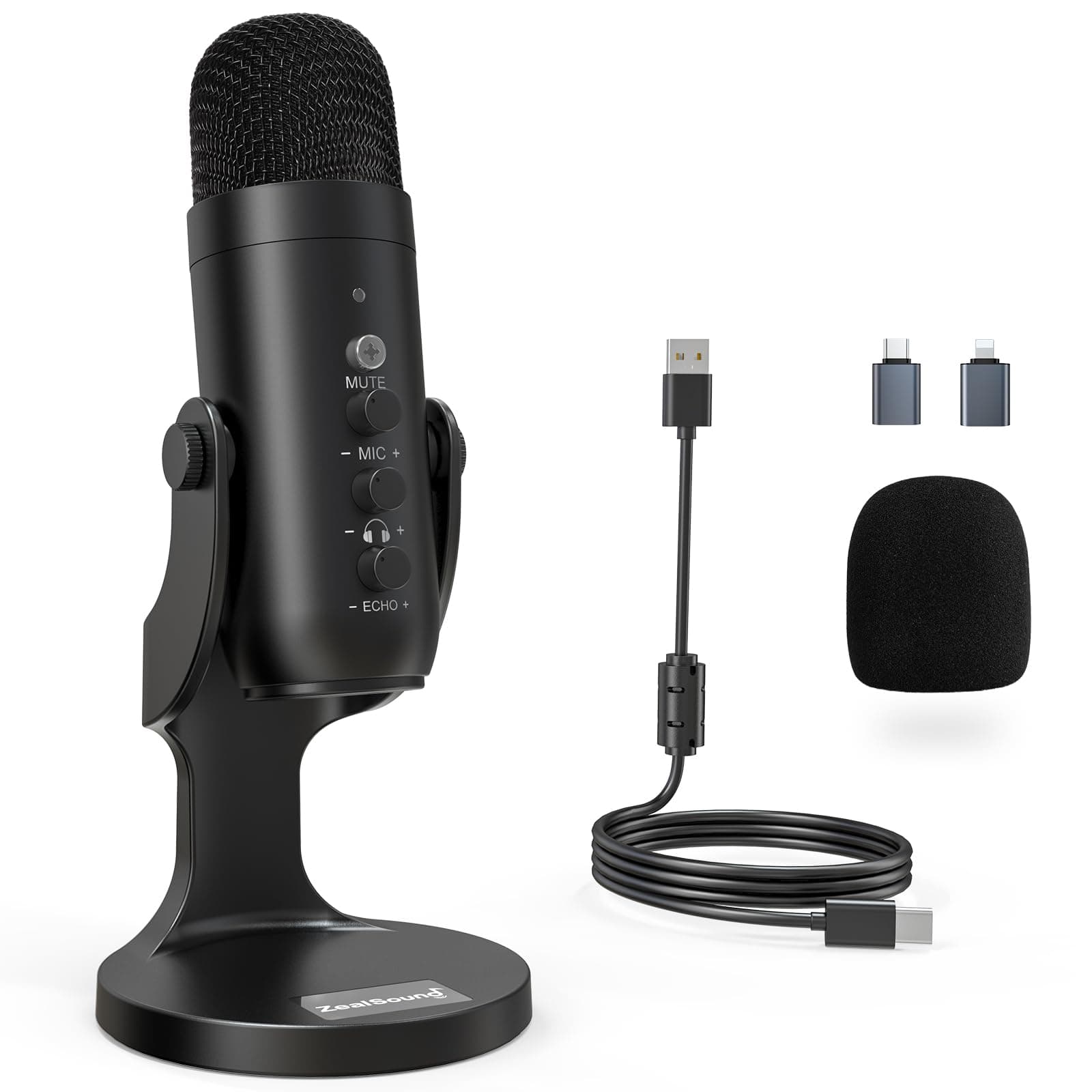 ZealSound Podcast Microphone for PC, Noise Cancellation USB Mic with Gain, Volume Adjustment & Mute Button, Monitoring & Echo, for YouTube, TikTok, Podcasting, Streaming, iPhone, iPad, Android, Mac Black