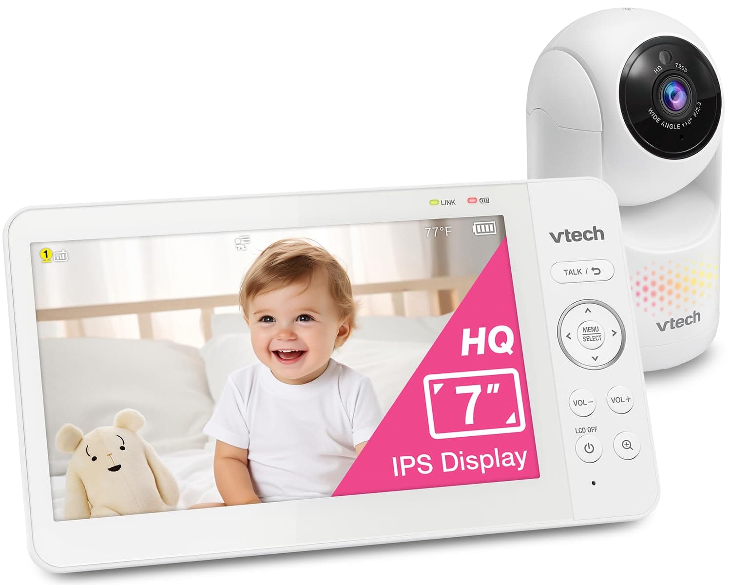 VTech VTech 7" Baby Monitor with IPS Screen, Pan Tilt Zoom Camera, No WiFi Video Baby Monitor with Camera and Audio, Multi-Color Night Light, 2-Way Talk, Lullabies, Advanced HQ Max 7" HQ 1 Cam