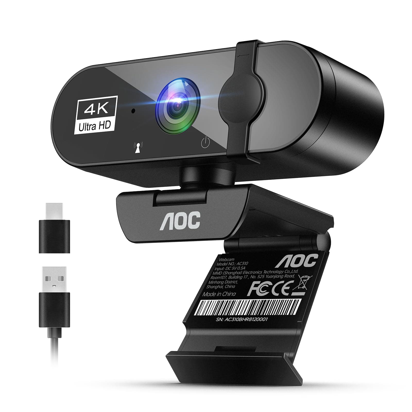 ‎AOC AOC 4k Webcam for PC with Microphone, Computer Camera with Noise Cancellation, Privacy Cover, 99° FOV, Plug & Play USB Webcam for Streaming, Conferencing, Zoom, Skype, Facetime, Laptop, PC, Skype Black
