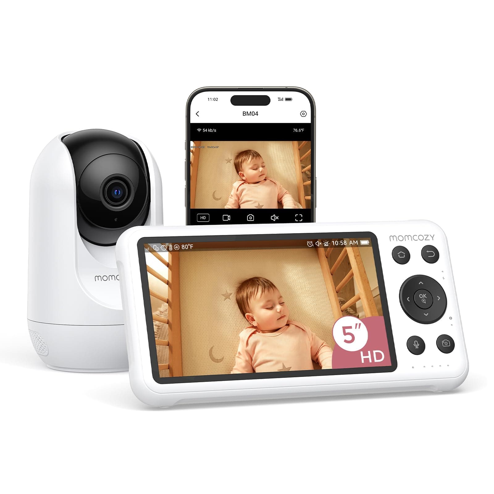 Momcozy Momcozy Smart WiFi Baby Monitor with Camera and Audio, 5" 1080P Screen with Wall Mount, Motion & Cry Detection, Safe Fence,Clear Night Vision, 5000mAh Battery, 2-Way Talk, Photo & Video Recording,BM04 BM04 with 1 Camera
