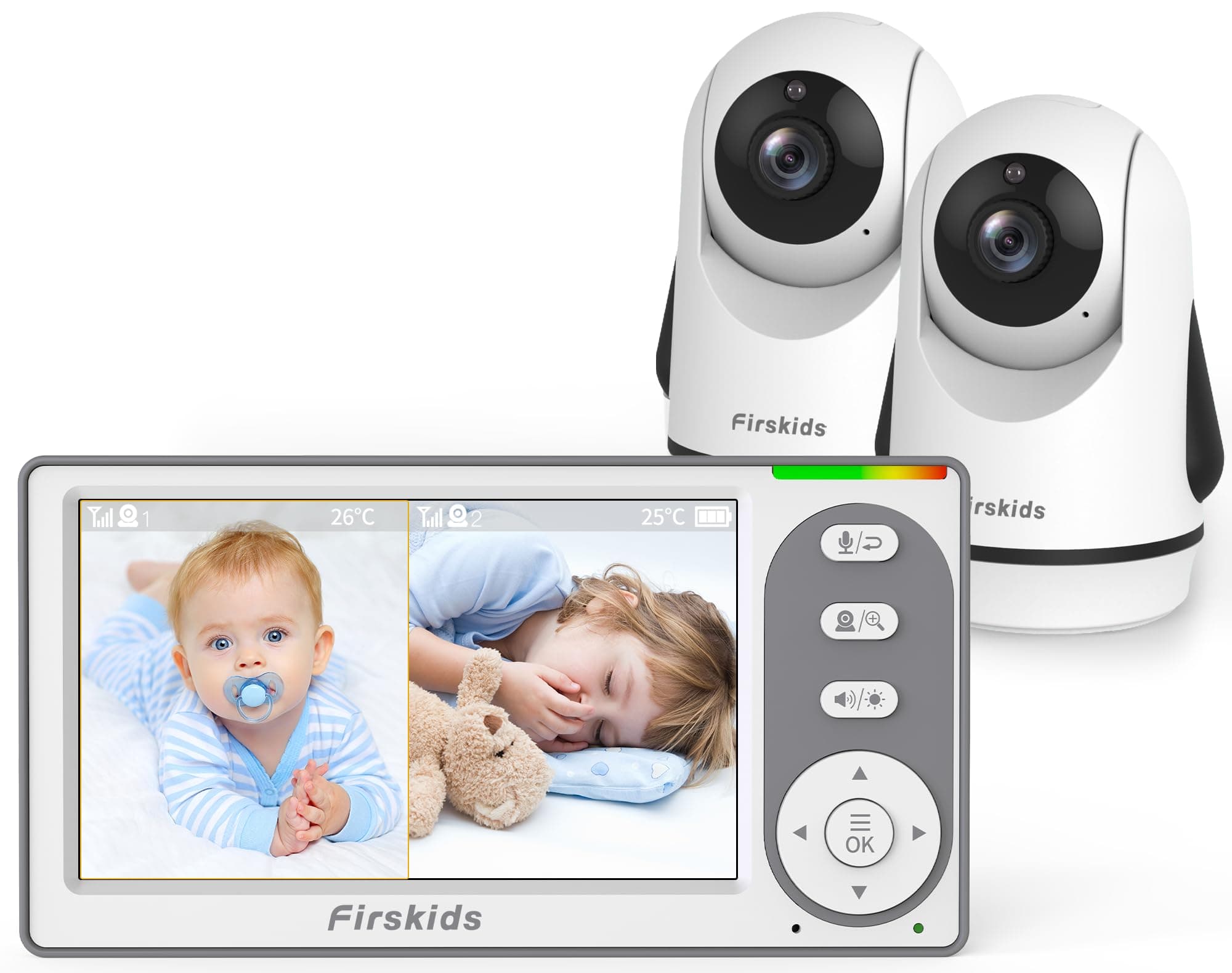 Split-Screen Baby Monitor with 2 Cameras No WiFi, 30H Battery, Pan-Tilt-Zoom, Monitor para bebés with Night Vision, 2-Way Audio, Room Temp Sensor, Lullaby, Plug & Play - Ideal for Travel 2cameras