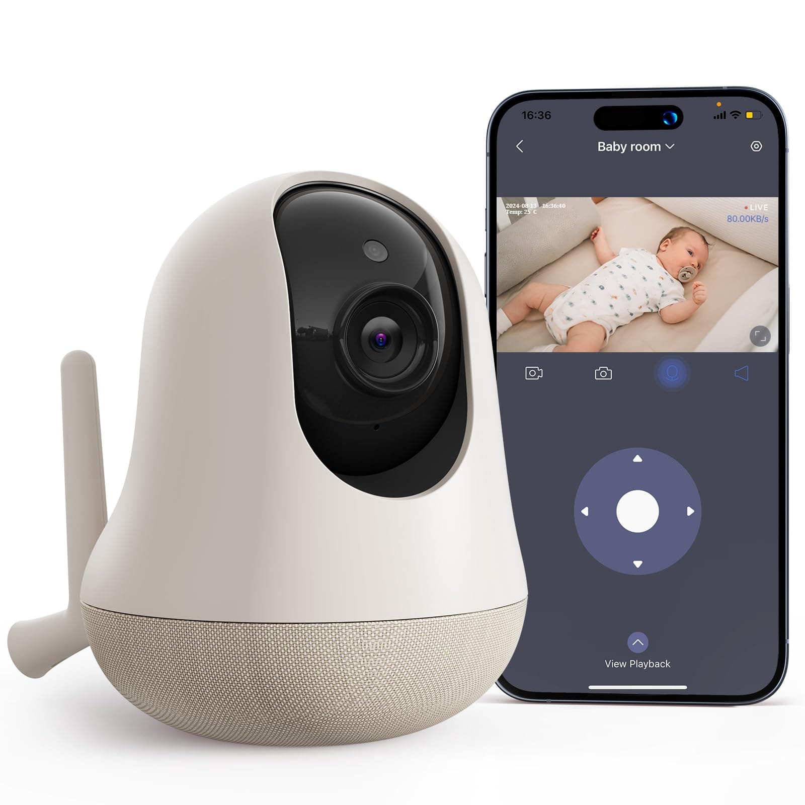 nooie nooie 2K Smart WiFi Baby Monitor with Camera and Audio, Smartphone App Control, Temperature Sensor, Motion & Cry Detection, IR Night Vision, 2-Way Talk, Cloud & SD Card Storage, Ideal for New Moms