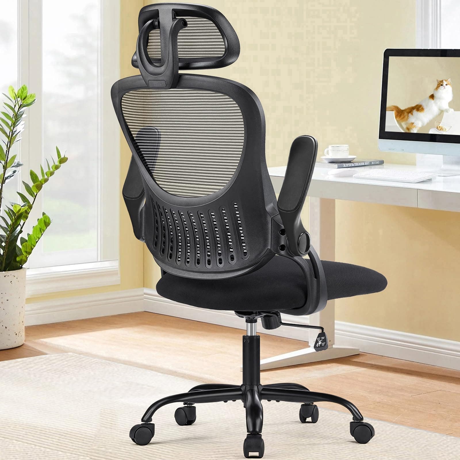 Sweetcrispy Office Computer Desk Chair, Ergonomic High-Back Mesh Rolling Work Chairs with Wheels and Adjustable Headrests, Comfortable Lumbar Support, Comfy Flip-up Arms for Home, Bedroom, Study,Black Flip-up Armrest Black