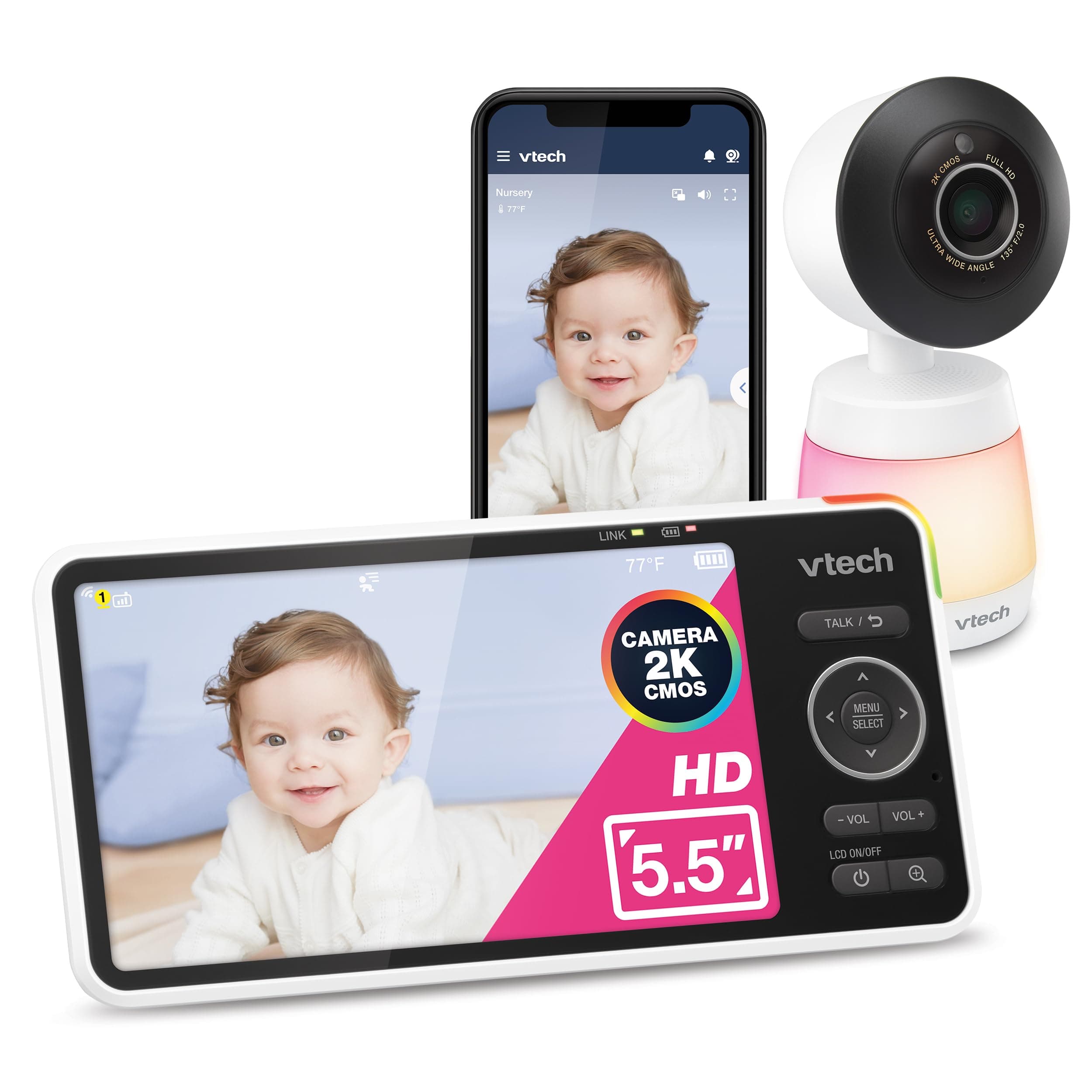 VTech VTech Smart WiFi Baby Monitor, 2K CMOS Sensor Camera, 5.5-inch HD IPS Screen, Clear Infrared Night Vision, Pan-Tilt, 24x Zoom, 2-Way Talk, Multi-Color Night Light, Soothing, Free App: Smart HD Plus "5" Wifi 1 Cam"