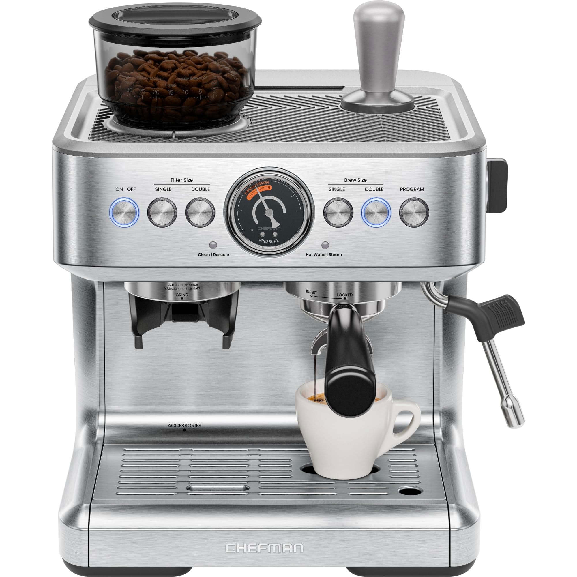 Chefman Chefman Crema Supreme 15 Bar Espresso Machine with Milk Frother, Barista Steam Wand, Professional Coffee Maker with Coffee Grinder, 30 Grind Settings, 3L Removable Water Tank - Stainless Steel Semi-Automatic