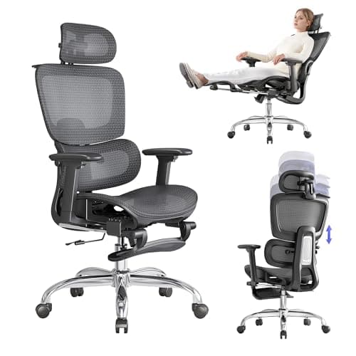 LarkLeaves Office Chair with Footrest, Ergonomic Chair with 3D Headrest, Computer Chair with Adjustable Backrest & 3D Armrest, Gaming Chair with Adaptive Lumbar Support, Mesh Backrest & Cushion, Black - Ergonomics