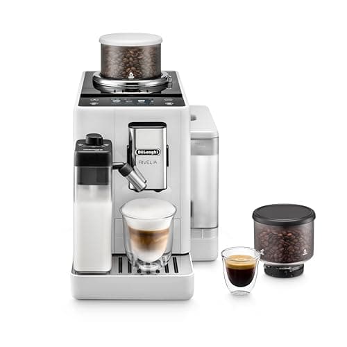 De'Longhi Rivelia Automatic Espresso Machine with Grinder & Milk Frother – All-in-One Coffee Maker, Hot & Iced Latte, Cappuccino, Bean Switch System, Burr Grinder, Compact Italian Design, White