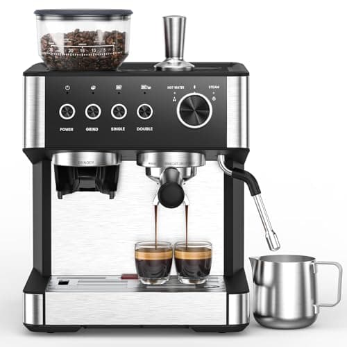 (2025 Upgrade)15 Bar Espresso Machine with Built-in Anti-Clog Coffee Grinder, Expresso Coffee Machines with Milk Steam Wand/Frother/Tamping Tools,Espresso Maker with Grinder for Lattes-Deep Black