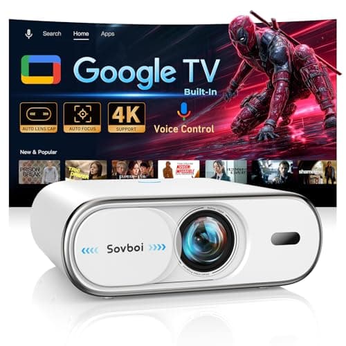 Sovboi 4K Projector with Google TV:3000 Brightness/Auto Lens Cap & 4D Keystone/Auto Focus & AI Voice Control, Sovboi Portable Outdoor Projector with WiFi & Bluetooth, Smart Movie Proyector for Streaming Apps