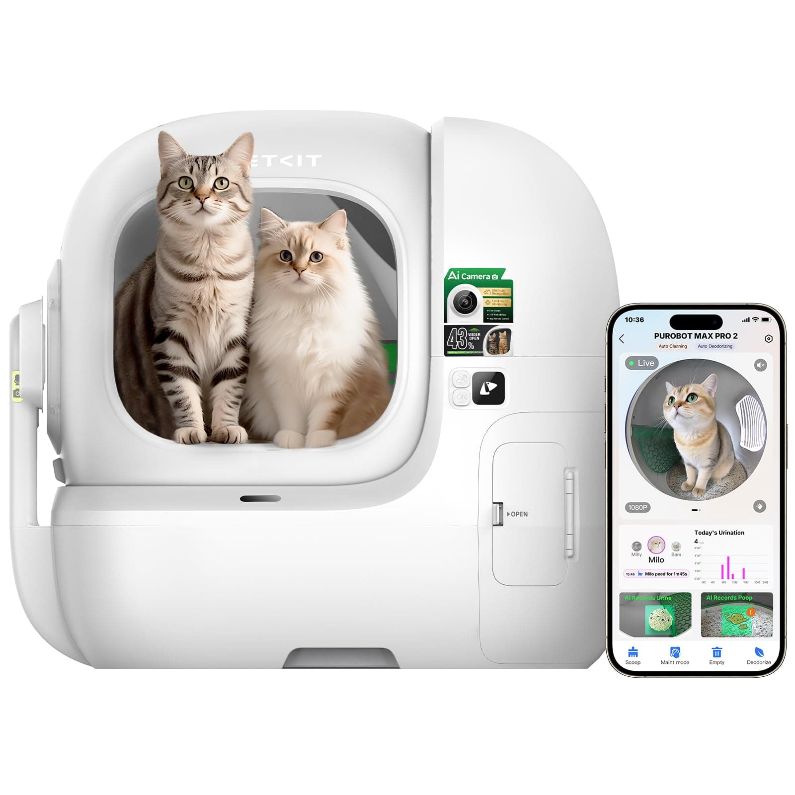 PETKIT PETKIT 2025 Purobot Max Pro 2 AI-Camera Self Cleaning Cat Litter Box, Extra Large Opening 210° Wide Angle Lens Cat Facial Recognition Automatic Litter Box with 5G WiFi App Control Odor-Free