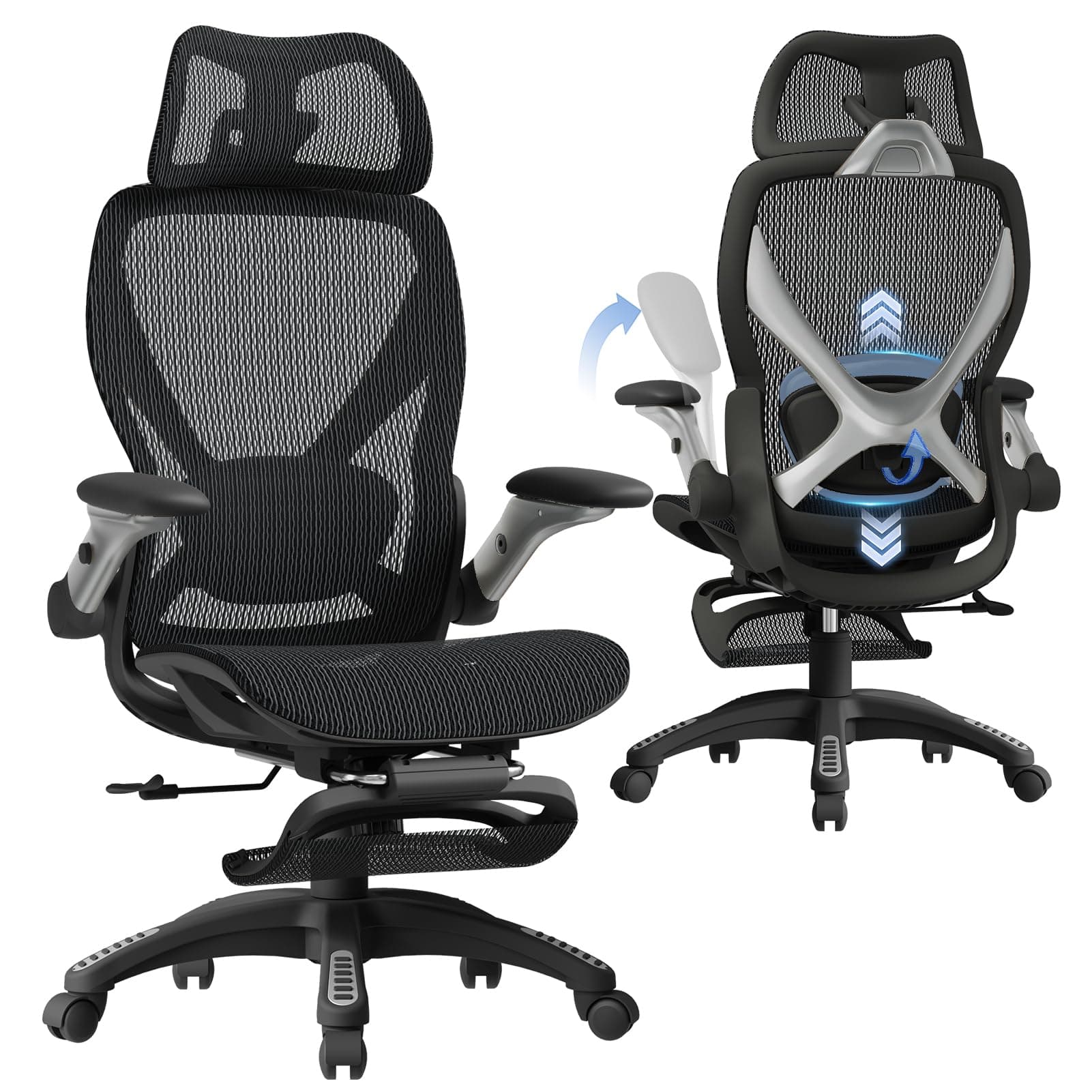 ELABEST ELABEST X100 Ergonomic Mesh Office Chair with Footrest, Big and Tall Hone Desk Chair with 5D Flip-Up Arms, Adjustable 3D Lumbar Support,Gaming & Executive Computer Chairs for Long Hours(Midnight Mist)